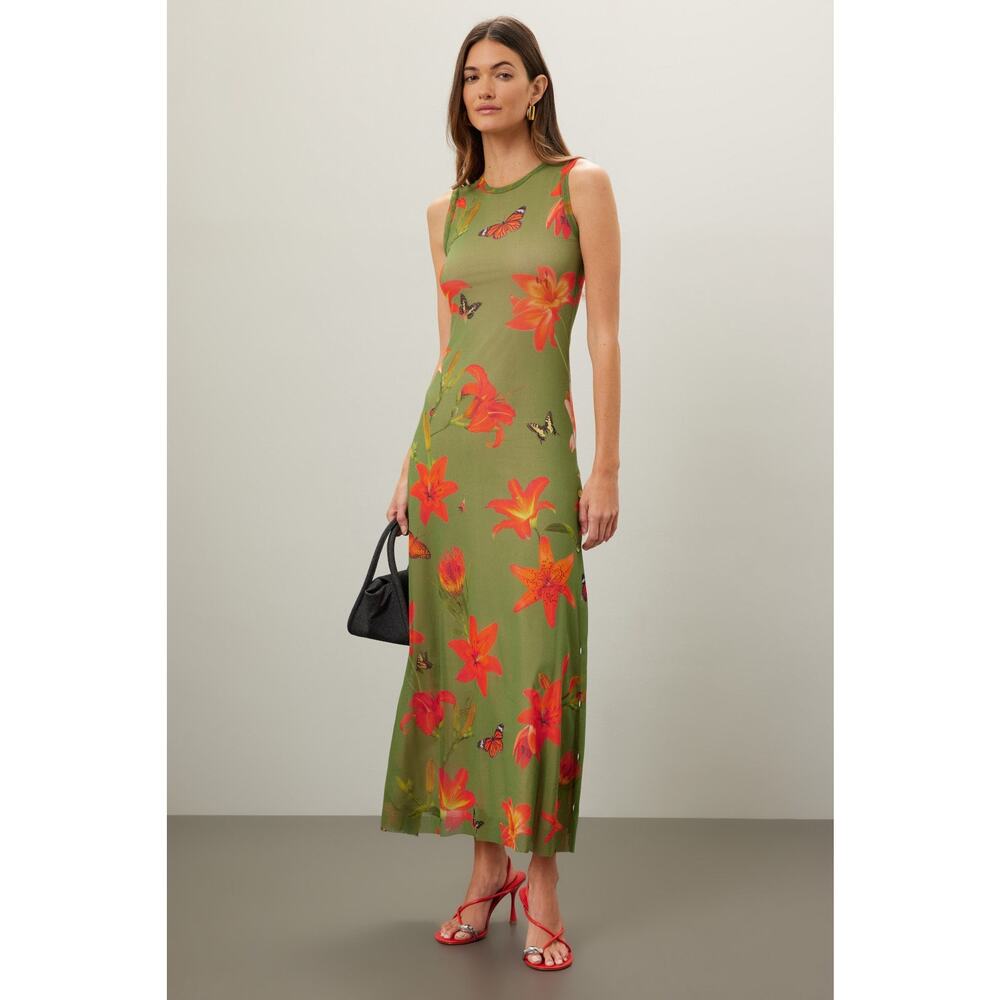 Fuzzi Abito Green Floral Butterfly Print Tulle Mesh Sleeveless Midi Dress Size M